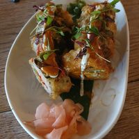 TOFU & ASPARAGUS TEMPURA: Miso & Harissa Marinated Smoked Tofu, Grilled Asparagus & Roast Pepper, Vegan Sriracha Mayonnaise, Vegan Coriander Soy Mayonnaise at Victors in Alderley Edge