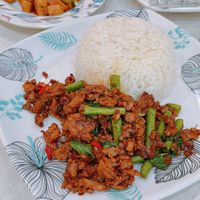 Basil meat zero pork with rice (plant based)  at Happy Thai Food   in East Singapore