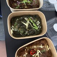 lamb, mushroom and chicken, veg dumplings curries  at Vegan Dhaba in Birmingham