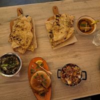Mushroom saag, tarka dhal, garlic nan and Appetisers at Vegan Dhaba in Birmingham