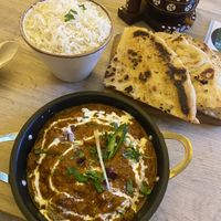 Desi Lamb Curry, Basmati Rice and Garlic Naan  at Vegan Dhaba in Birmingham