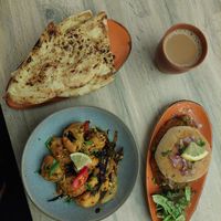 Garlic naan, roadside mushrooms and bhaji at Vegan Dhaba in Birmingham