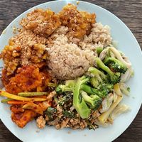 Rice with five things from the buffet (and a bottle of water), 120 baht  at Tawanthong Restaurant and Shop in Khon Kaen