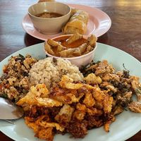 Rice with 5 choices from the buffet (including the spring roll) came to 115 baht with a bottle of water.  at Tawanthong Restaurant and Shop in Khon Kaen
