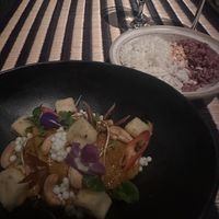 Khmer pumpkin and mushroom amok with tofu and comes with white and brown rice (yum!!)  at Kroya in Siem Reap