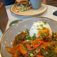 Thai Red Curry with in season and local veg - delicious! And the plant burger (my husband rated it but not the chips) at Honestly Farm Kitchen in Strandhill