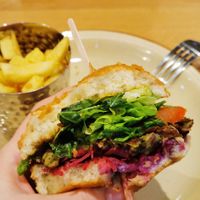 Bombay chickpea burger with fries at Honestly Farm Kitchen in Strandhill