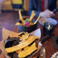 Guacamole with plantain and blue chips  at Guaca Mole in Louisville