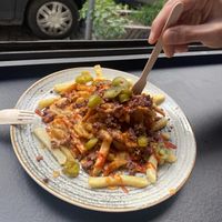 Loaded fries with mince vegan meat - spicy!  at Street Food in Sofia