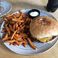 Cheeseburger with sweet potato fries  at Street Food in Sofia