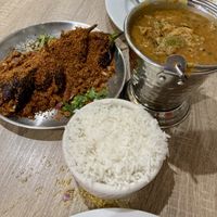 The dry stuffed eggplant on the left, Mango Dal on the right (can’t go wrong with white rice) #Veganuary at Namaste Nola in New Orleans