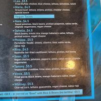 Vegan menu section; note the Rina as-is contains honey which is not vegan at Irma's Tacos, Craft Beer and Tequila Bar in Venice