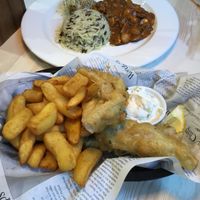 Banana blossom fish & chips and wild rice mushroom stroganoff at Seed Cafe in North West London