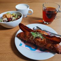 Filled croissant wrong egg and Müesli, make-your-own style at Bakery Bakery  - ThreeOfive in Zurich