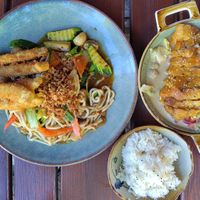 Gebratene Udonnudeln mit Tofu und Erdnuss Soße, Gemüse, Reis mit "v-Ente-Kross" at The Vegan Monkey in Berlin