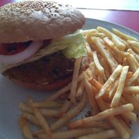 Daily special; Indian inspired burger and masala fries... delicious! at Om Burger Rincon Vegetariano in Zacatecas