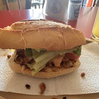 Torta de pastor, con mayonesa vegana.  at Om Burger Rincon Vegetariano in Zacatecas