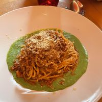 Vegan spaghetti bolognese on pea cream  at Il Piatto Sbeccato in Udine
