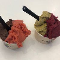 Dark Chocolate and Orange + Strawberry // Pistachio and Passionfruit + Currants at Dimatteo Gelateria in Ljubljana