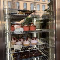 Vegan desserts in the display case  at Bistrot and Chocolat in Strasbourg