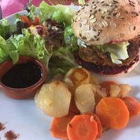 Salad, carrots & potatoes with a homemade veggie burger at Bistrot and Chocolat in Strasbourg
