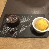 Great vegan chocolate lava cake with sorbet  at Bistrot and Chocolat in Strasbourg
