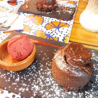 Vegan fondant au chocolat with raspberry sorbet at Bistrot and Chocolat in Strasbourg