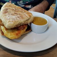 Breakfast soda farl with eggy dipping sauce. Wow! at Harry's at 387 in Belfast