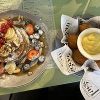 Banana oat pancakes and vegan butterballen!  at Lagom in Amsterdam