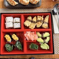Vegetable sushi platter (avocado, mix veg, tempura aubergine, corn, seaweed salad) with gyozas  at West View Restaurant in Windermere
