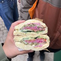 Vegan sabich with aubergine and vegan mayo and veggies  at Sabich Marrakech Medina in Marrakech
