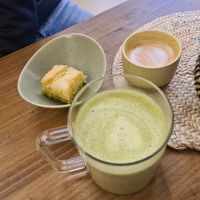 Matcha Latte, Cortado with oat milk and pistachio Baklava at Bonnevie in Granada