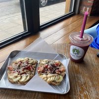 “No coast toast” with an açaí, strawberry, and almond milk smoothie   at Happy Hippie AggieVille  in Manhattan