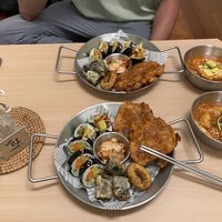 Vegan (mine) and vegetarian (my friend’s, with cheese on the sticky rice and egg in the roll) set  at Hán Guǒ Shū Shí - 韓粿蔬食  in Hualien