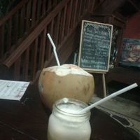 Fresh coconut and pineapple/orange mixed juice at Siboghana Waroeng in Ubud