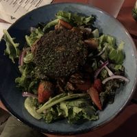 Strawberry salad, no cheese, add veggie burger.  at Beachfire in Ogunquit