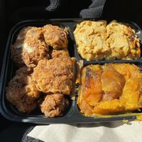 Cauliflower on left, cashew-based mac & cheese on top right, sweet potatoes on bottom right  at Elife in Capitol Heights