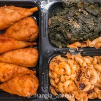 Drumettes, collard greens, and cashew Mac and cheese. Delicious!!  at Elife in Capitol Heights