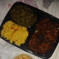 Vegan jerk chickn with rice, collards, and cashew mac at Elife in Capitol Heights