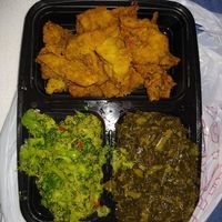 Vegan chickn filets, collards, and broccoli at Elife in Capitol Heights