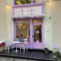 Outside view of the coffee shop at Aj Zdravo Coffee and Cake Shop in Novi Sad