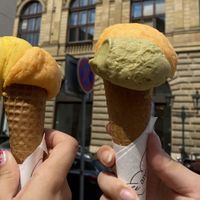 Peach and pistachio gelato  at Angelato in Prague