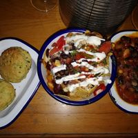 Ranch & chive biscuits, chilli bowl, chilli cheese nachos at The Flying Duck in Glasgow