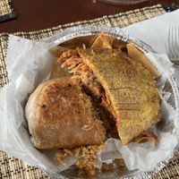 Half a Burrito and half a Patacon. Sharing fun!!!  at The Vegan Factory in Linden