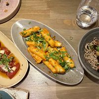 Vegan Green Sumo Course 2. L to R is the ponzu cured watermelon, crispy rice cakes, cold soba noodle salad.   at Hello Monkey Magasinsgatan in Gothenburg