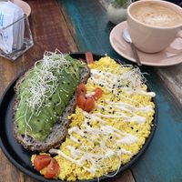 Salty protein breakfast offer & coffee with soy milk   at Satiba Therapy Coffee Shop in Arequipa