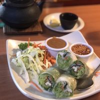 Salad rolls with peanut sauce and chili sauce, herbal tea with lemon.  at Ta Ra Rin in Springfield