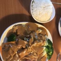 This was tofu, cabbage, broccoli, mushrooms and carrots, nicely cooked, with peanut sauce. You also can choose tempeh for your protein!  at Ta Ra Rin in Springfield