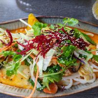 Tofu in Curry-Kokos Soße, Kürbis, dazu Udon Nudeln at Udonge Vegan Cuisine in Potsdam