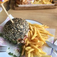 vegan vampire burger (strami sarny in background) at Junk Soul Smothered Bar & Grill in Beverley